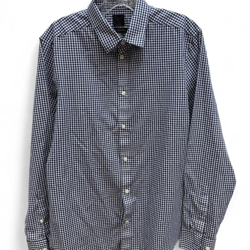 H&M Men's Slim Fit Easy Iron Gingham Button Down Shirt - Blue & White, Size M